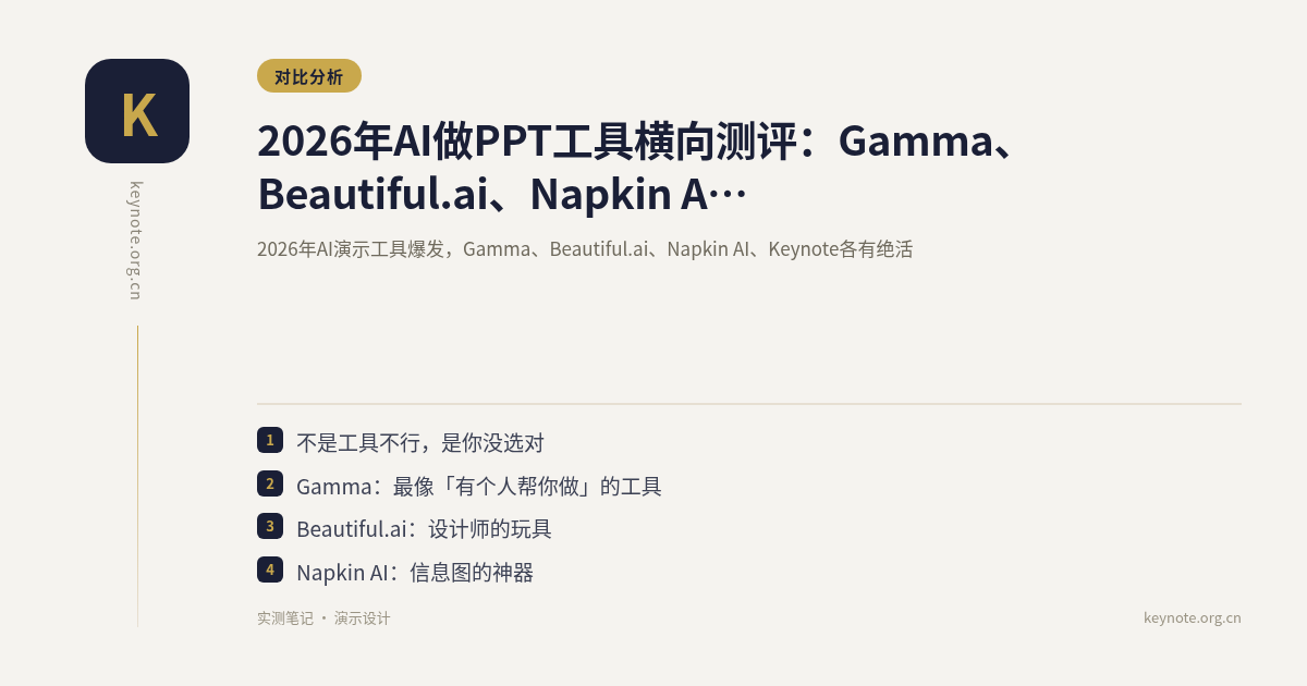 2026年AI做PPT工具横向测评：Gamma、Beautiful.ai、Napkin AI、Keynote到底怎么选？